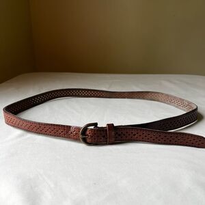 Vintage Perforated Leather Skinny Belt Brown with Brass Tone Buckle Casual XL
